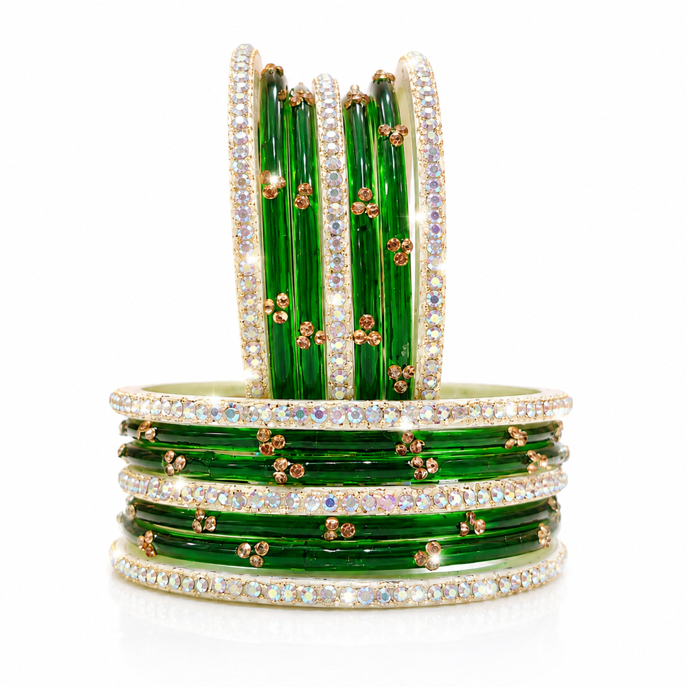 Anti Tarnish Sawan special Green Glass Bangles silver plated | set of 18 Pcs