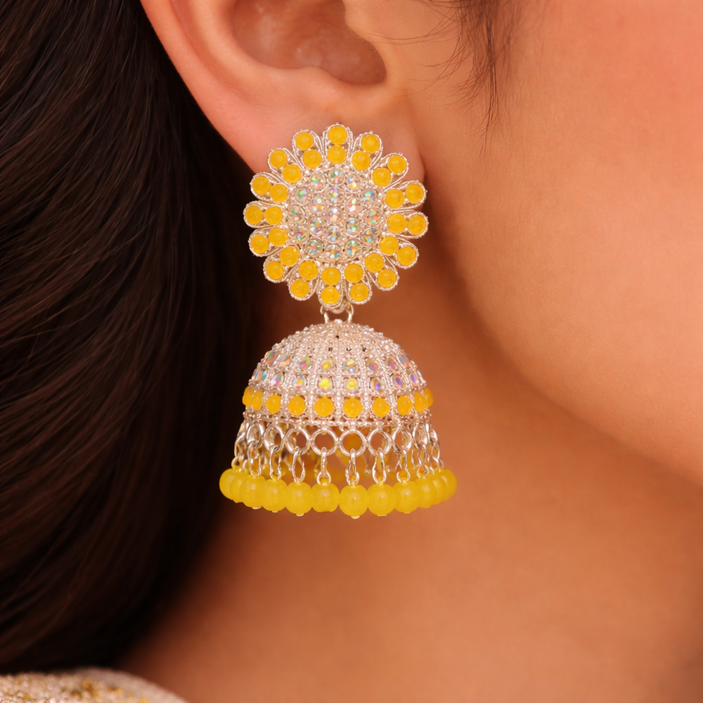 Anti-Tarnish Yellow Jhumka & Maang Tikka Set with Stones