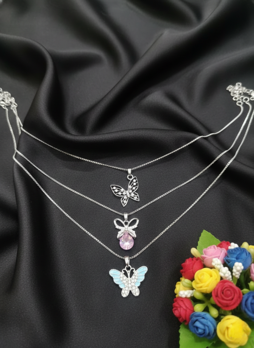 Sweet Butterfly Long Chain Necklace Set of 3