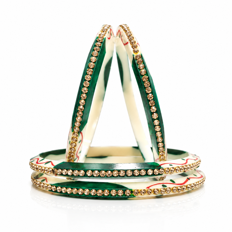 Traditional Green Stone Work Bangles for Women | Lightweight Fashion Bangles | Pack of 4 Pcs