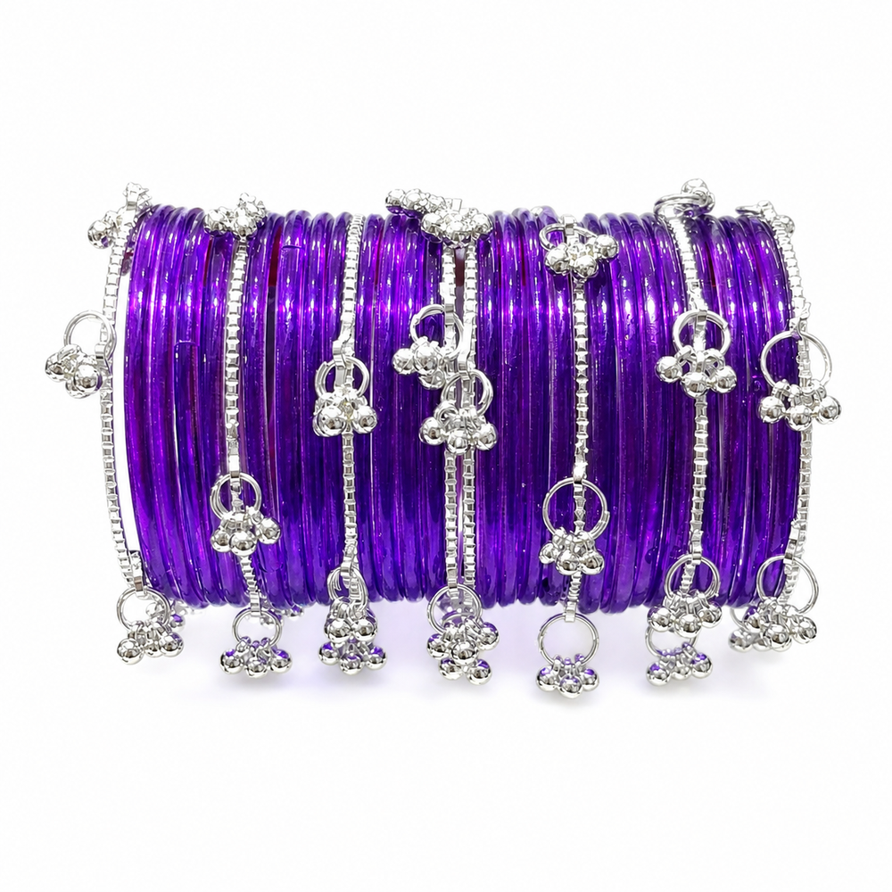 Stylish Purple Transparent Bangles with Silver Charm Design – Trendy Kashmiri Churi Set