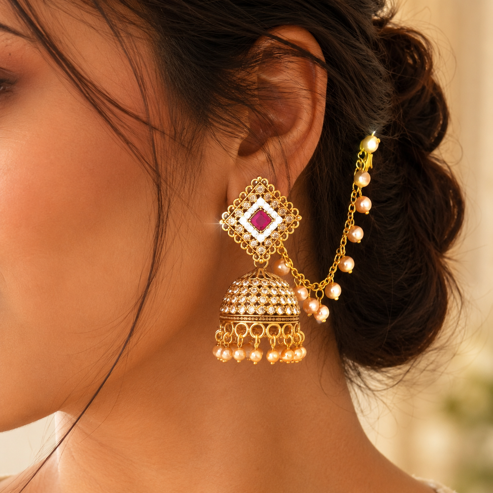 Anti Tarnish crystal Gold Jhumka Earrings with Pearl Chain