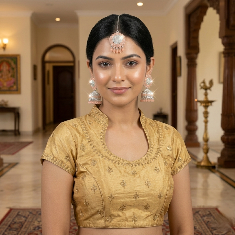 Beautiful Peach Beaded Anti-Tarnish Traditional Jhumka Tikka Set✨