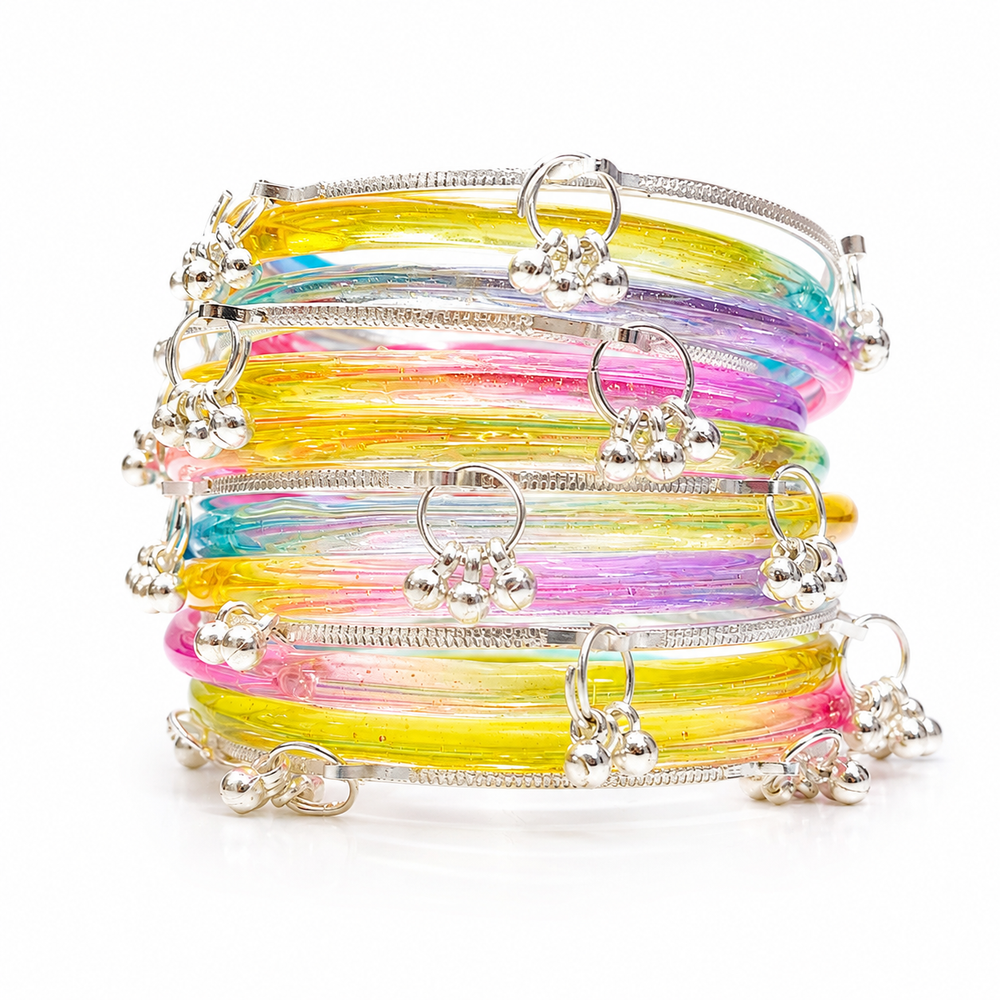 Multicolor Jelly Bangles with Silver Kashmiri Bangles Set of 8 Pcs
