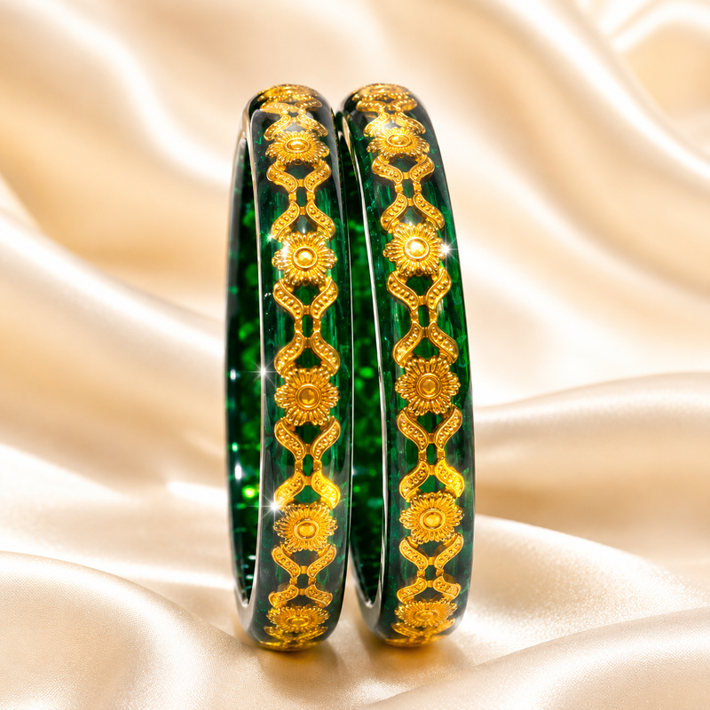Green Traditional Designer Bangles for Women | Gold Design | Pack of 2