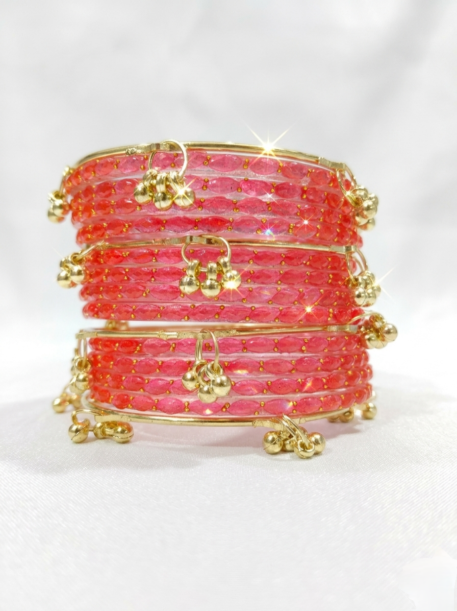 Kashmir Gajari Colour Bangles with Gold Tone Ghungroo Charms |