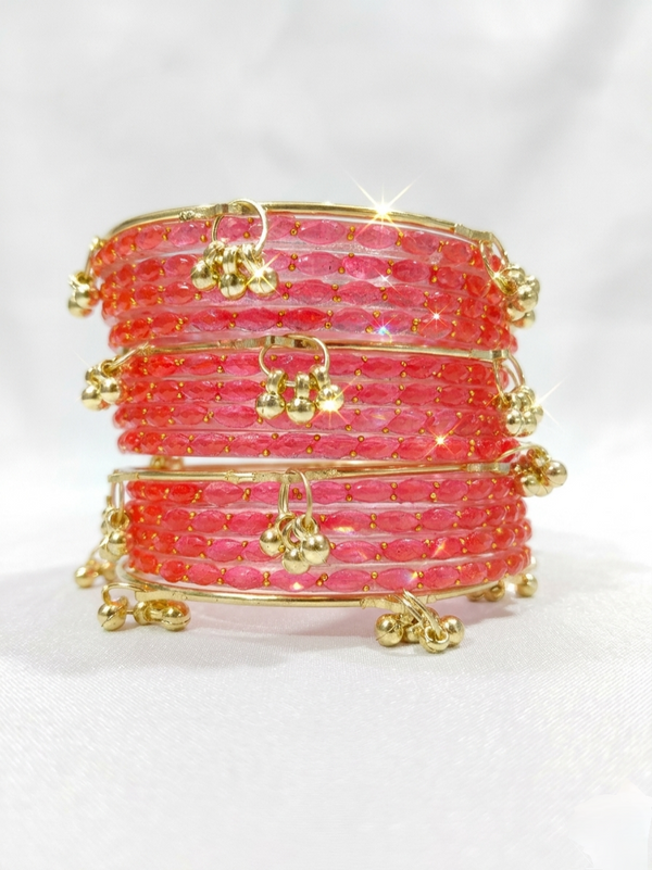 Kashmir Gajari Colour Bangles with Gold Tone Ghungroo Charms |