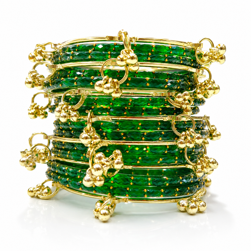 Sawan Special Green Raindrops Bangles with Kashmiri Golden Bangles – Set of 20 Pcs