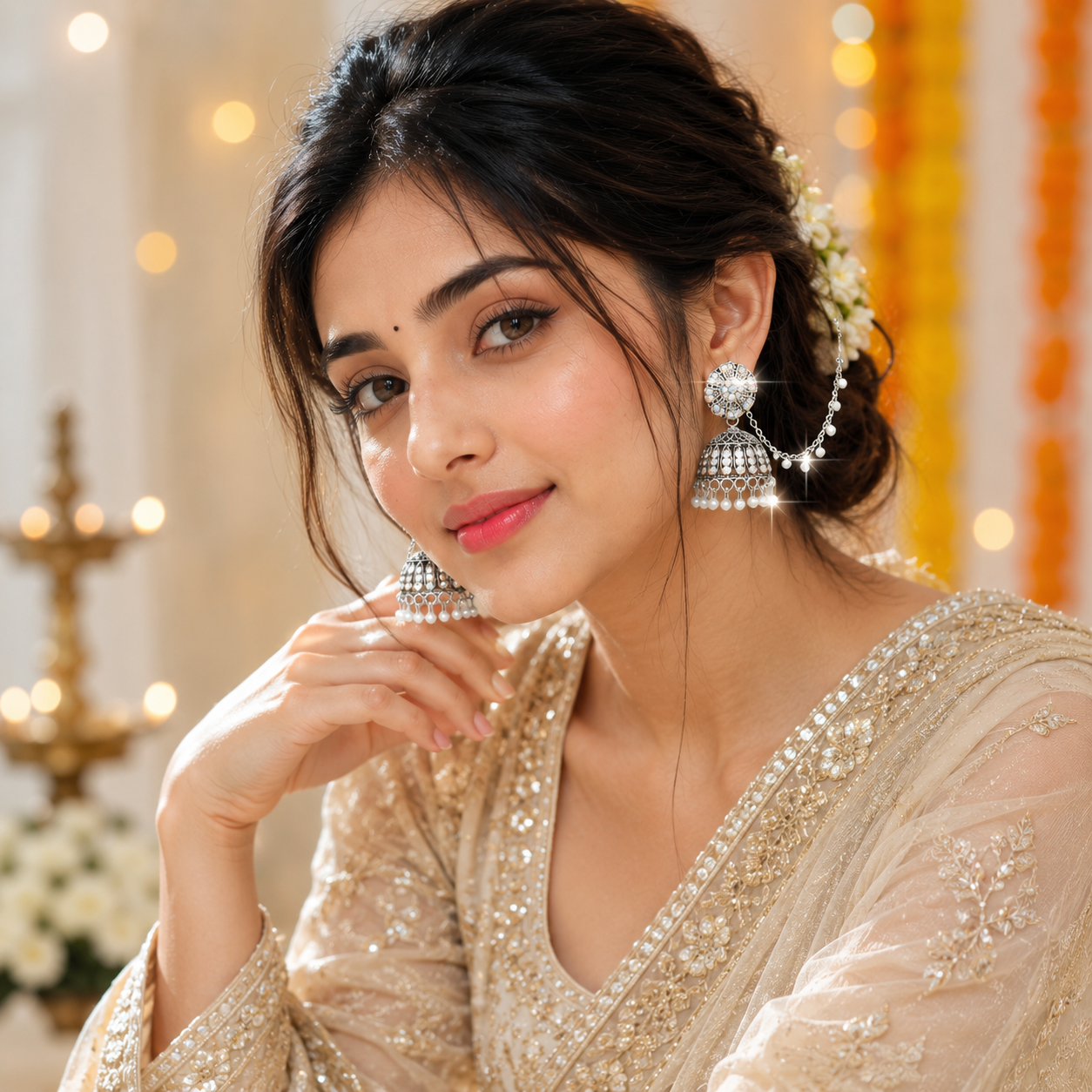 Anti Tarnish Silver Stone Jhumka Earrings with Pearl Chain Design✨