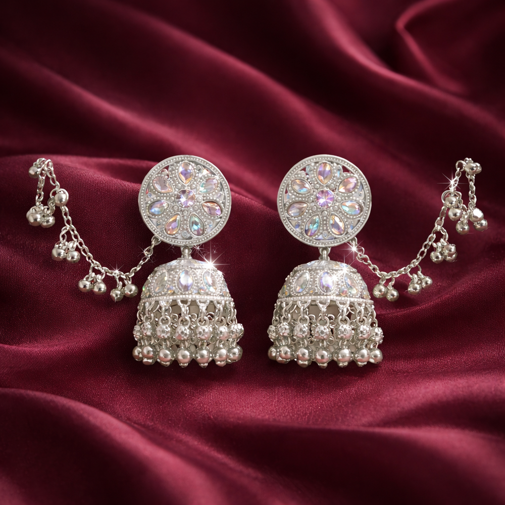 Luxury Anti-Tarnish Crystal Jhumka Earrings – Silver Ethnic Design