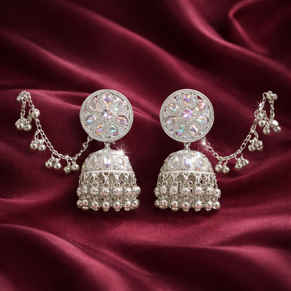Luxury Anti-Tarnish Crystal Jhumka Earrings – Silver Ethnic Design