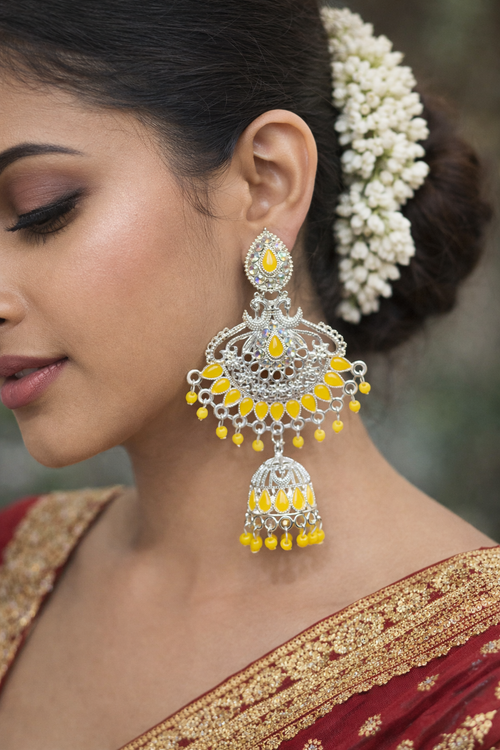 Anti-Tarnish Silver Finish Yellow Stone Traditional Jhumka Earrings