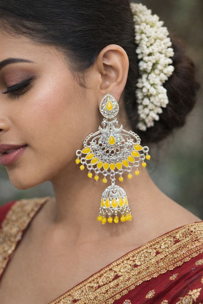 Anti-Tarnish Silver Finish Yellow Stone Traditional Jhumka Earrings
