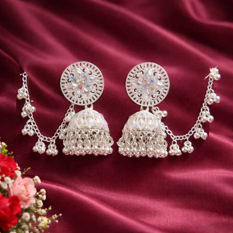 Luxury Anti-Tarnish Crystal Jhumka Earrings – Silver Ethnic Design
