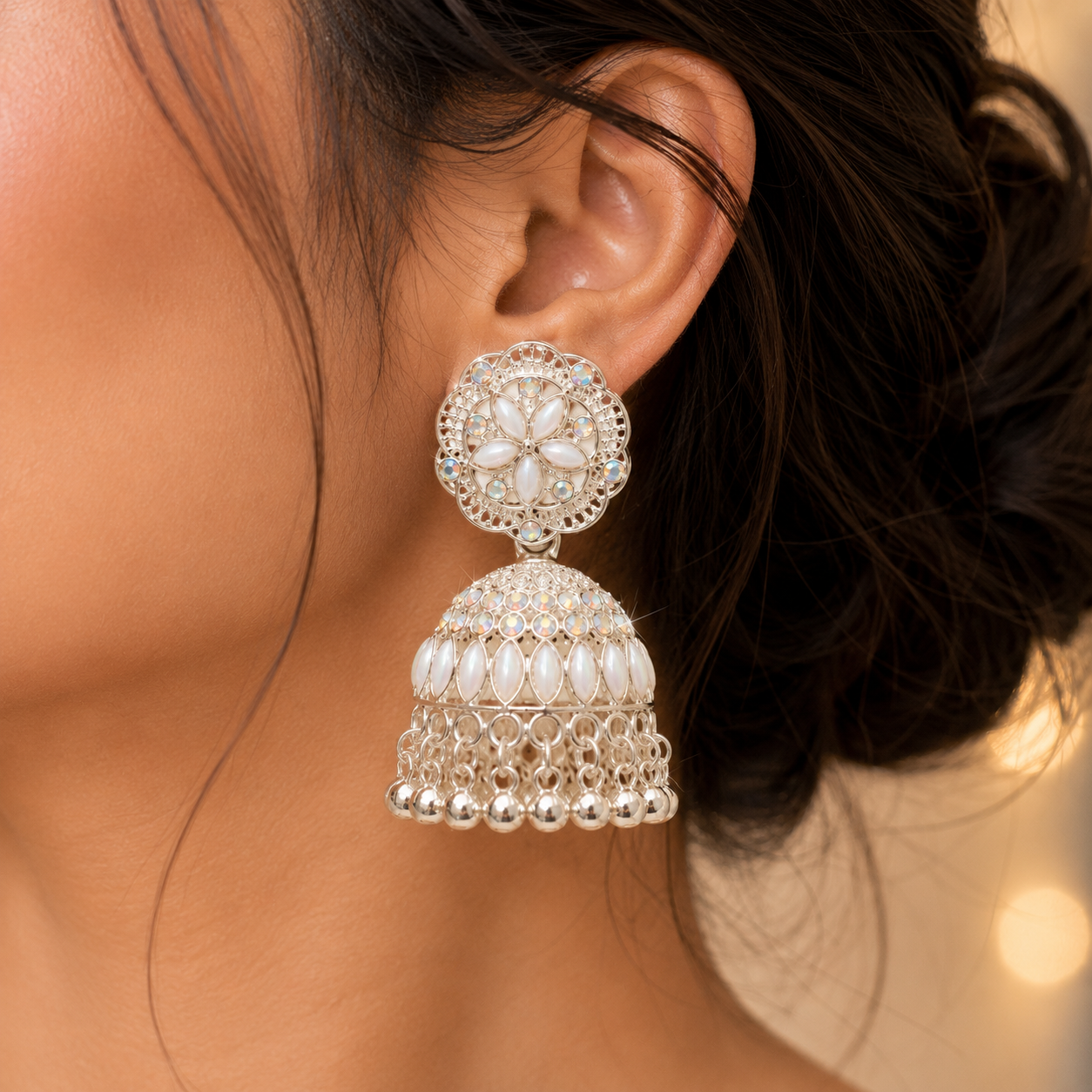 Anti Tarnish White Stone Jhumka Earrings – Traditional Party Wear