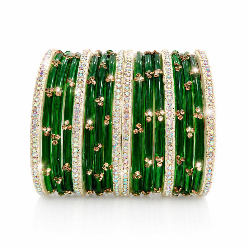 Anti Tarnish Sawan special Green Glass Bangles silver plated | set of 18 Pcs