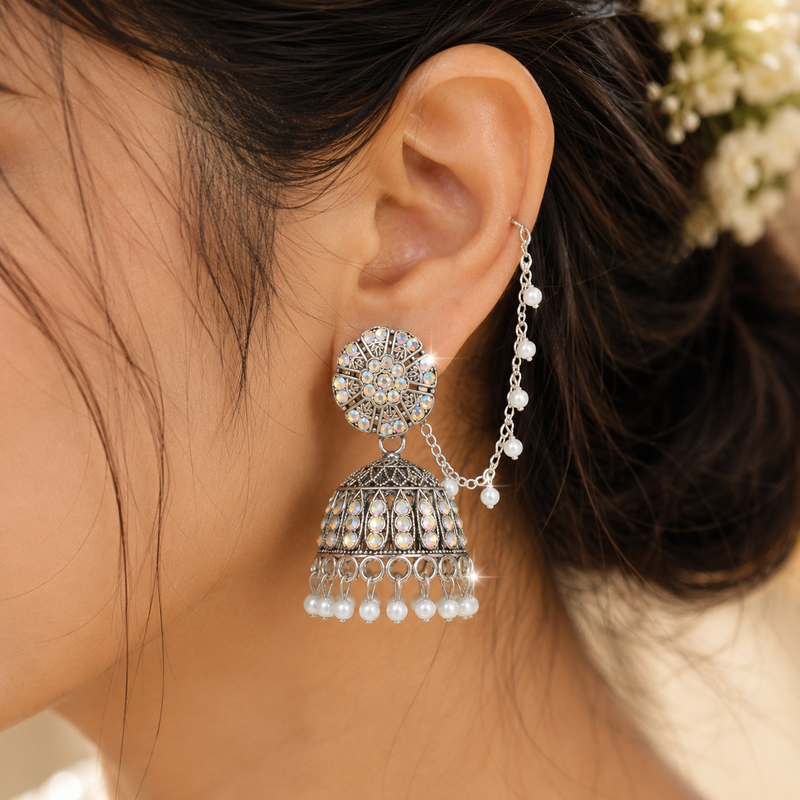 Anti Tarnish Silver Stone Jhumka Earrings with Pearl Chain Design✨