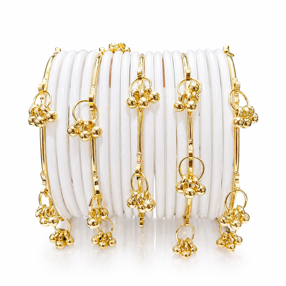White Jelly Kashmiri Bangles Set with Gold Ghungroo – Elegant Bridal