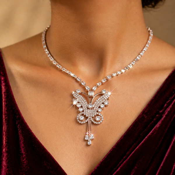 Premium Crystal Butterfly Necklace Set with Earrings – Anti-Tarnish Diamond Finish Jewelry