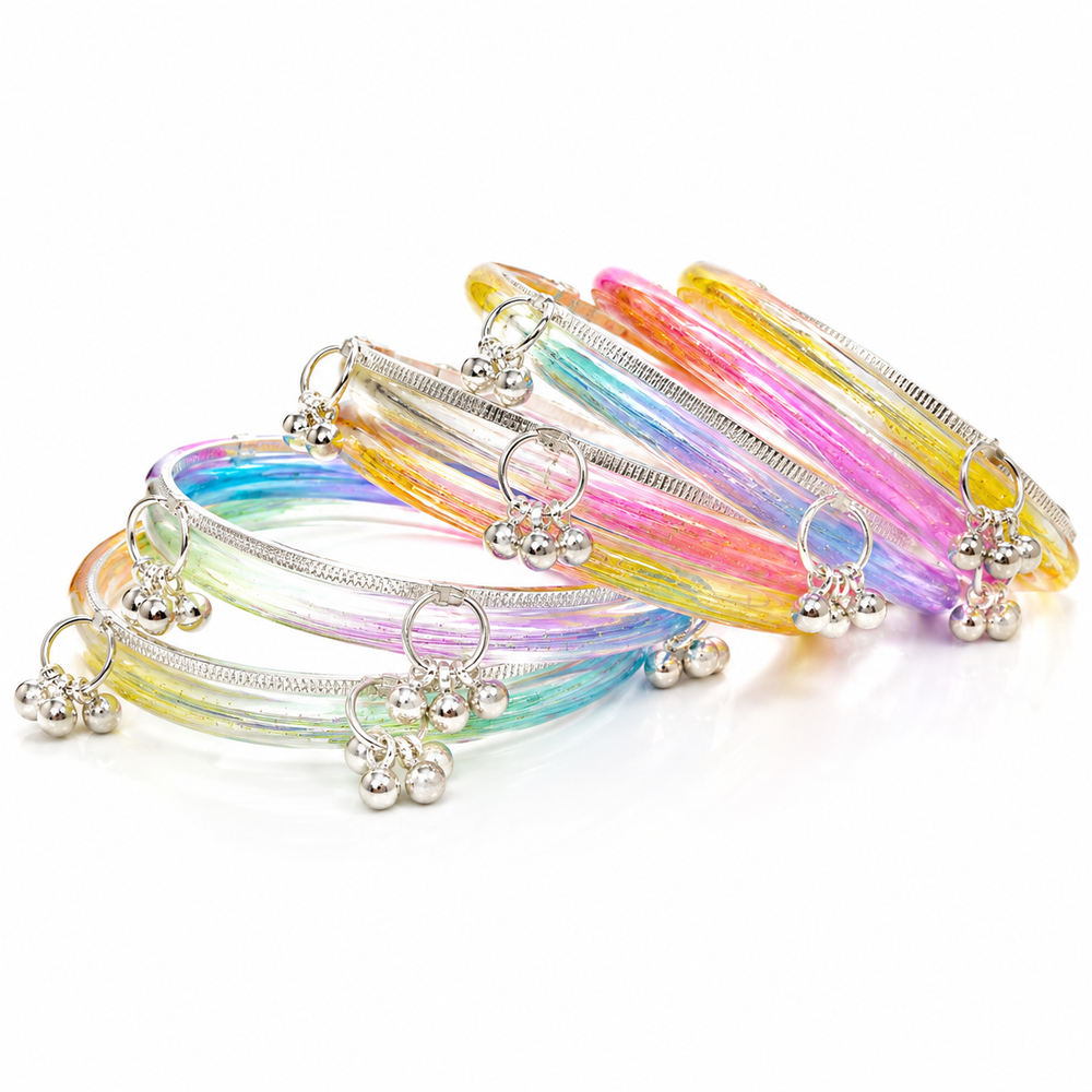 Multicolor Jelly Bangles with Silver Kashmiri Bangles Set of 8 Pcs