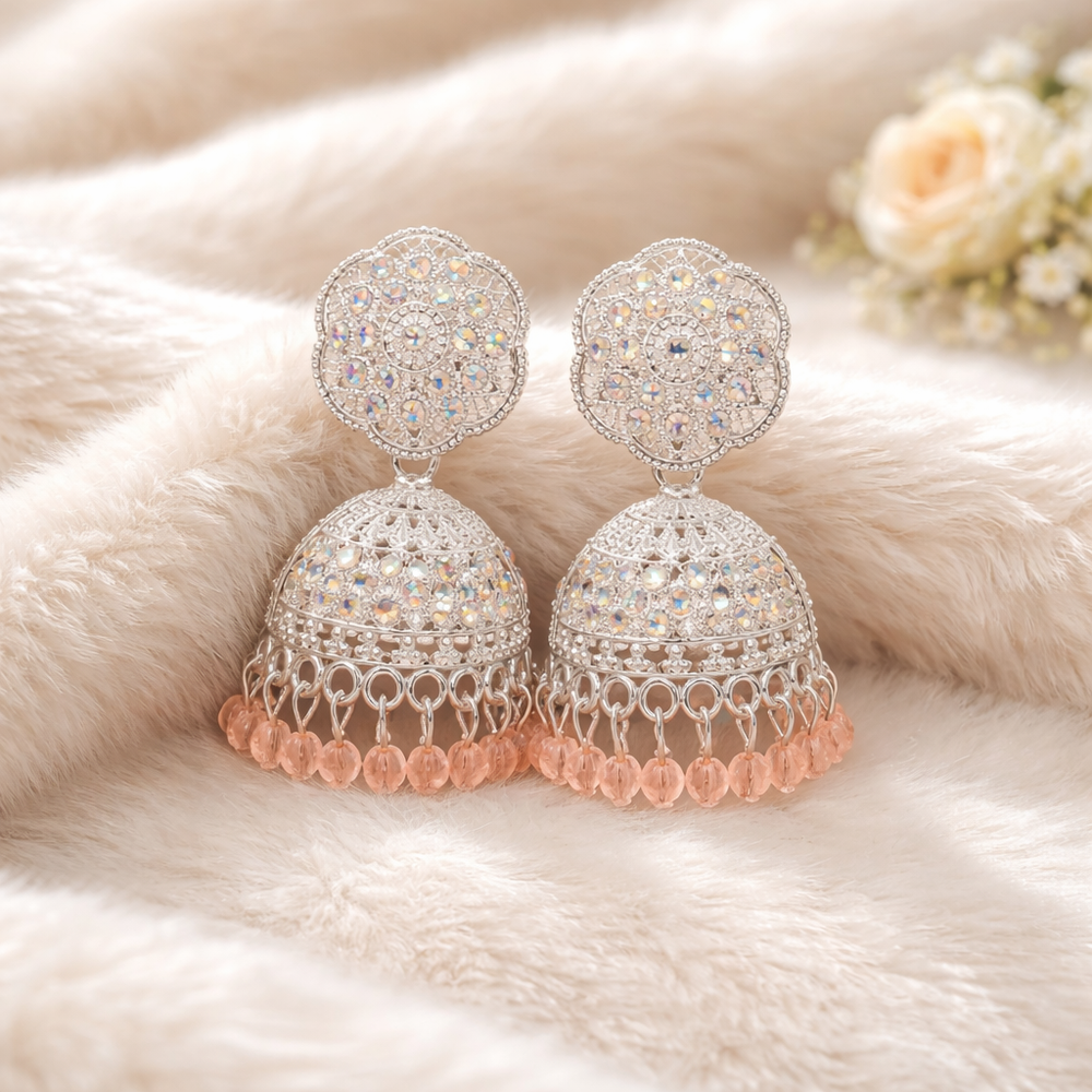 Luxury Anti-Tarnish Silver Jhumka with Peach Drop Accents ✨