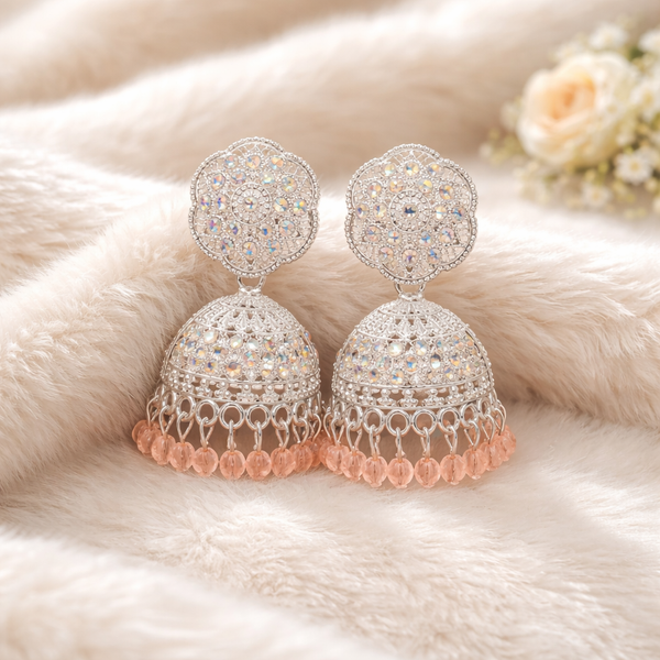 Luxury Anti-Tarnish Silver Jhumka with Peach Drop Accents ✨
