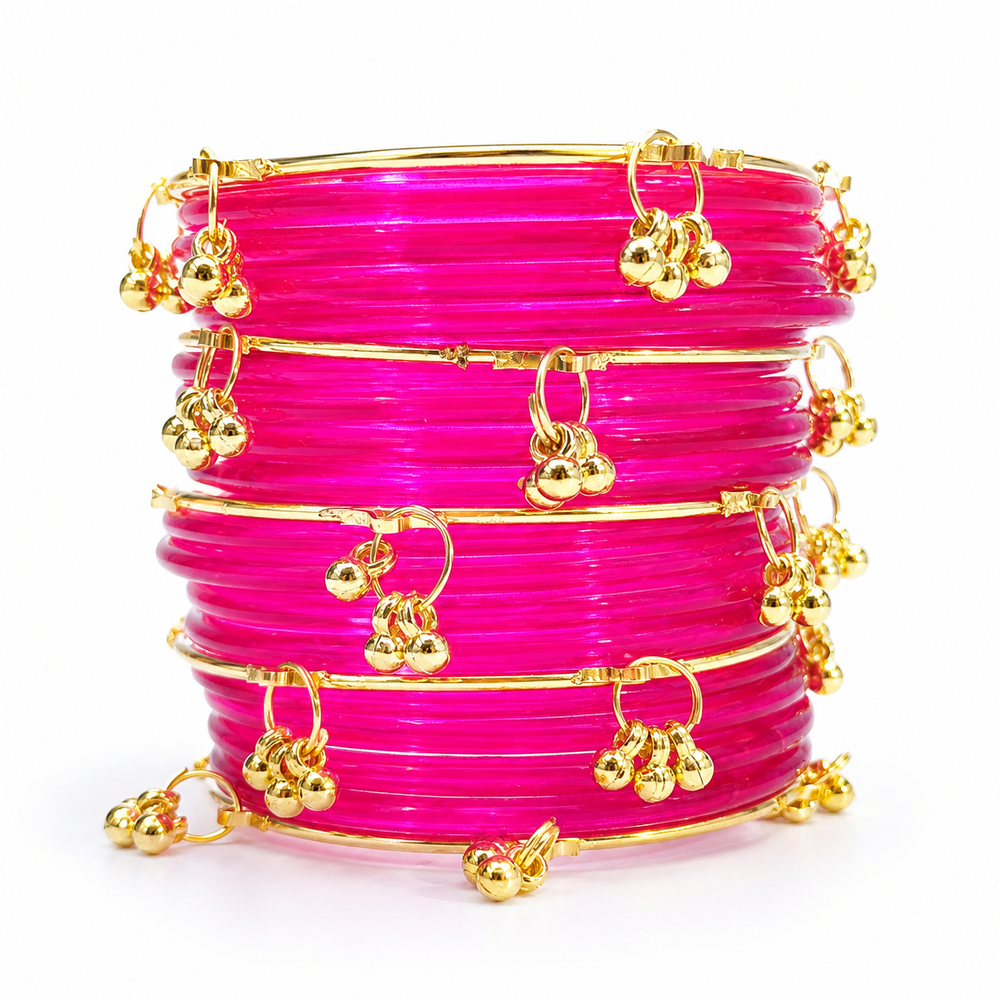 Trendy Jelly Glass Bangles Set with Kashmiri Golden Ghungroo – Set of 24Pcs