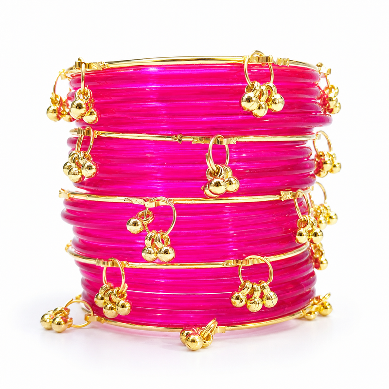 Trendy Jelly Glass Bangles Set with Kashmiri Golden Ghungroo – Set of 24Pcs