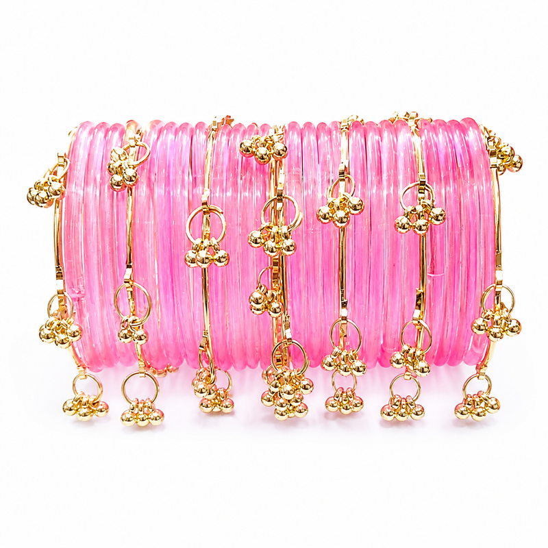 Soft Pink Jelly Kashmiri bangles golden Charms – Beautiful Ethnic (Set of 24)
