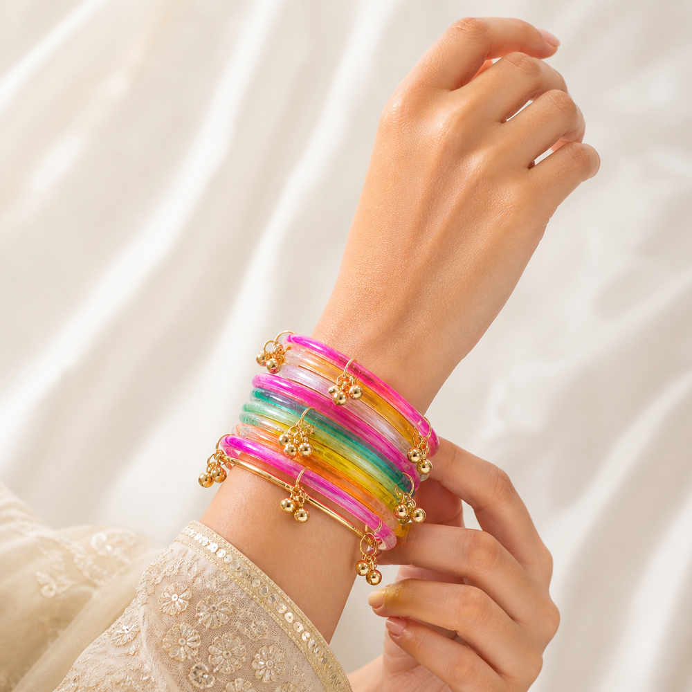 Multi Colour Jelly Kashmiri Bangles Set with Gold Charms Stylish (Set of 24)