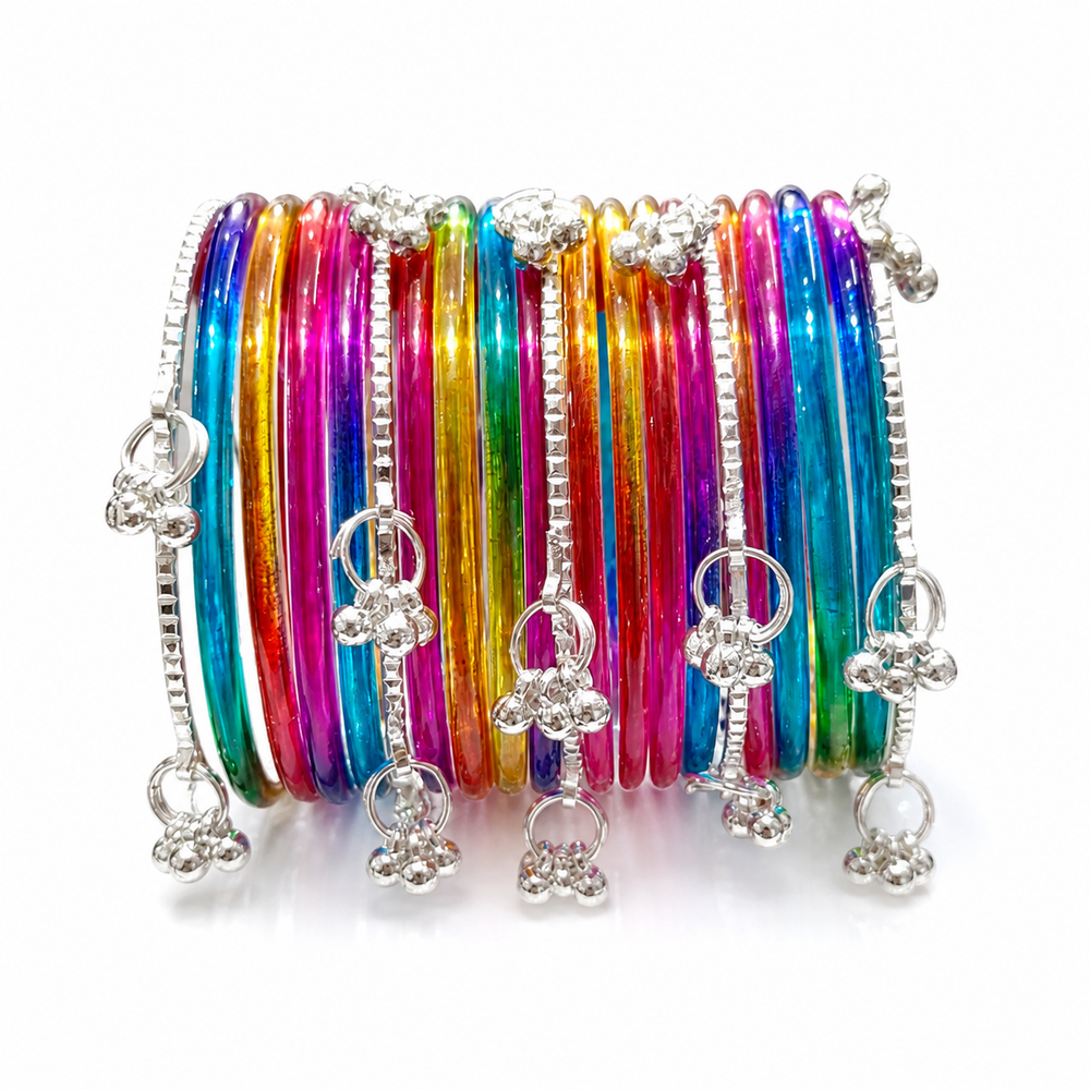 Trendy Multi Colour Bangles Set with Silver Kashmiri Ghungroo Charms (Pack of 24)