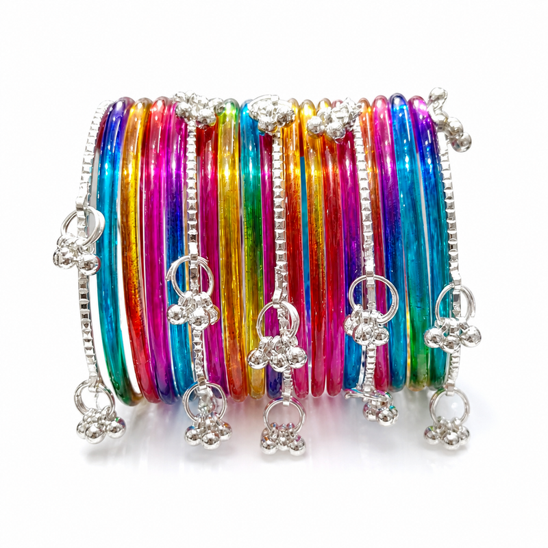 Trendy Multi Colour Bangles Set with Silver Kashmiri Ghungroo Charms (Pack of 24)