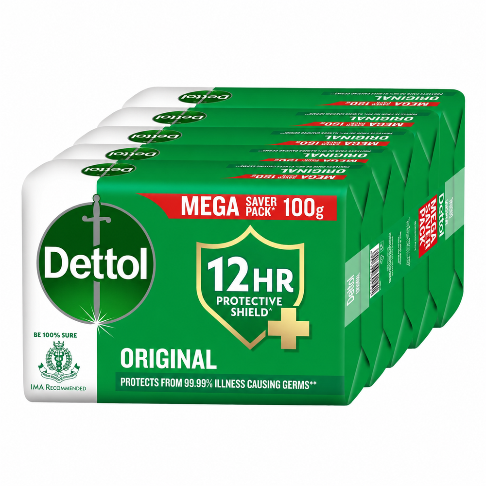 Dettol Original Bathing Soap Bar with 12 HR protective shield (500gm) | Kills 99.99% Germs, 100g (Pack of 5)