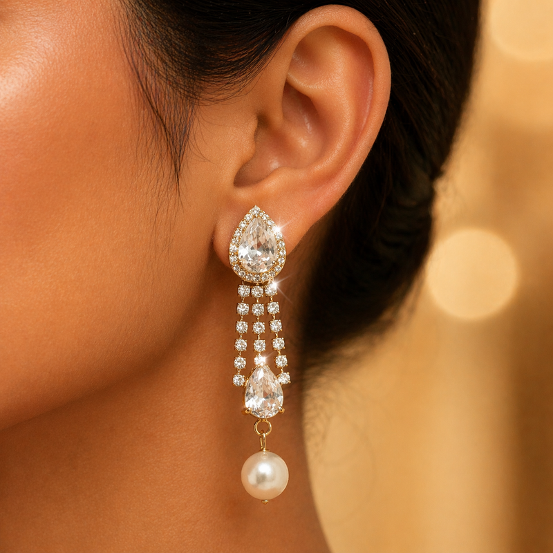 Luxury Anti-tarnish Sparkling Crystal & Pearl Tassel Earrings