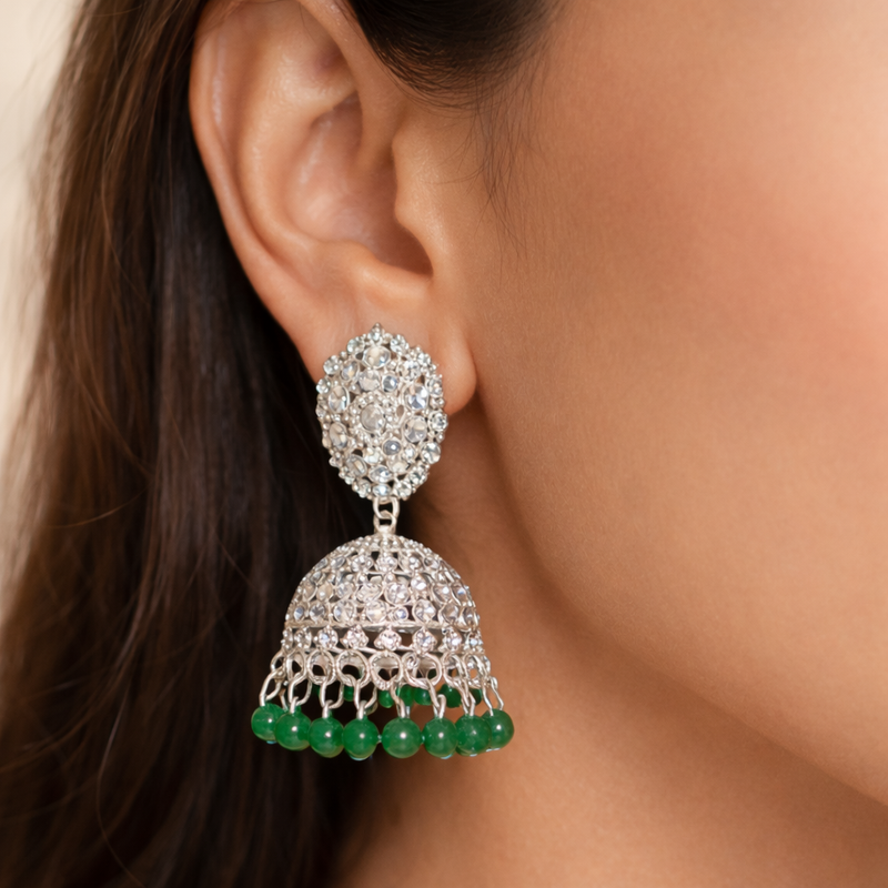 Anti-Tarnish Jhumka Earrings with Sparkling Stones & Green Beads✨
