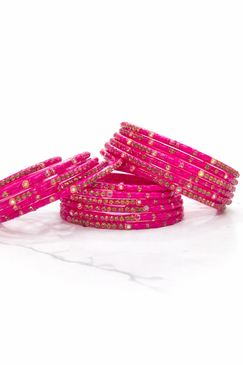 Rani Pink Rhinestone Designer Bangles Set – Stylish Ethnic Jewellery (set of 12)