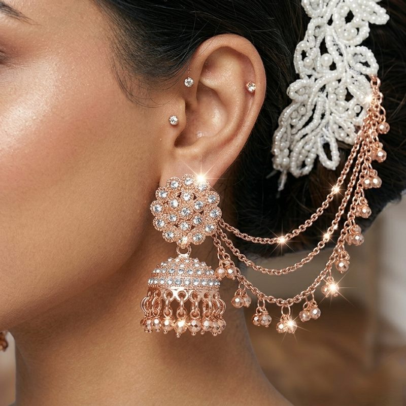Anti-Tarnish Crystal Jhumka Earrings with Side Lari Chain