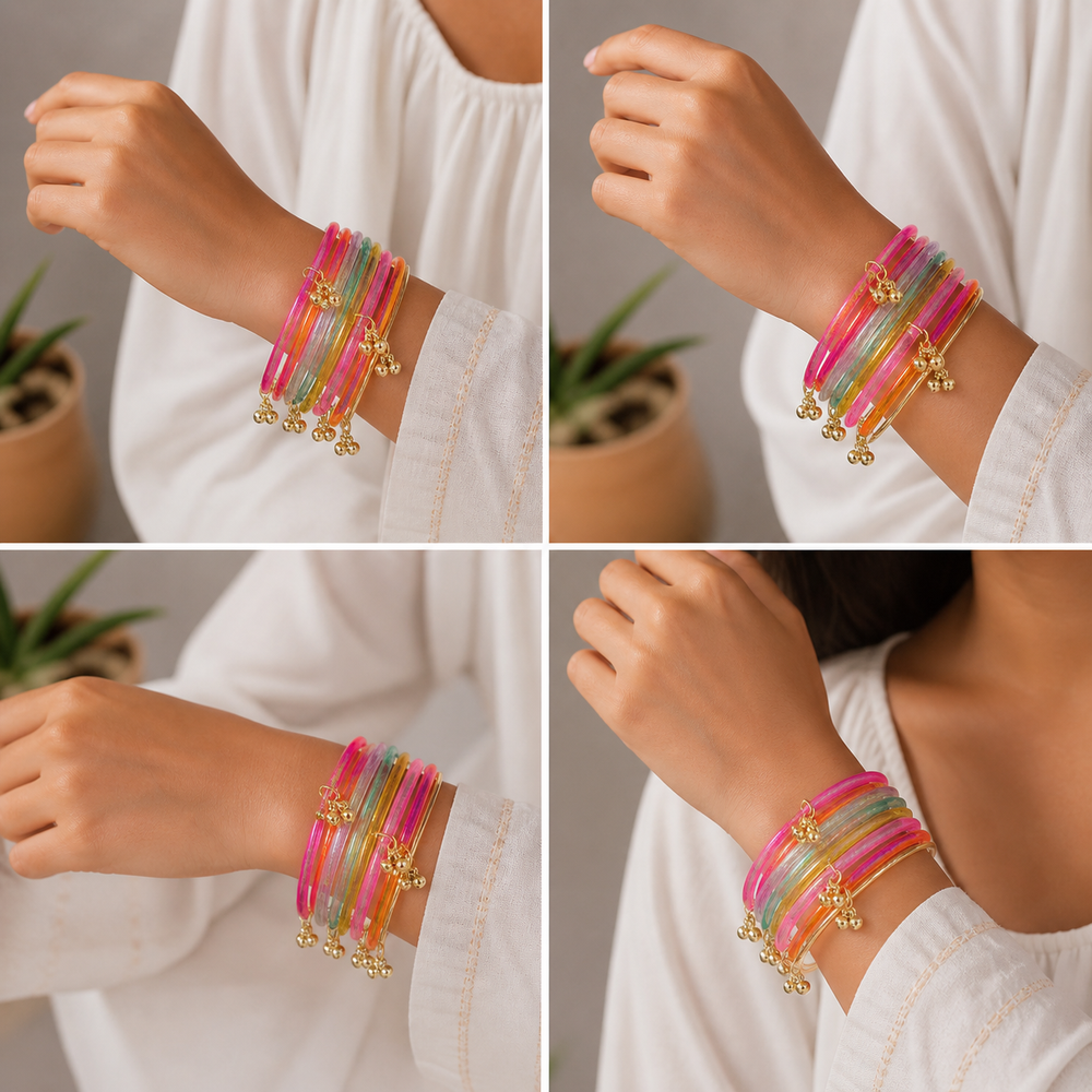 Multi Colour Jelly Kashmiri Bangles Set with Gold Charms Stylish (Set of 24)