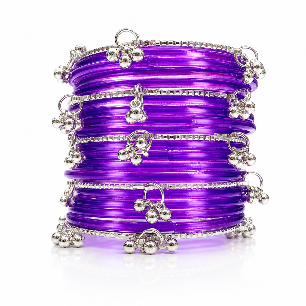 Stylish Purple Transparent Bangles with Silver Charm Design – Trendy Kashmiri Churi Set