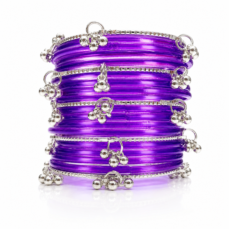 Stylish Purple Transparent Bangles with Silver Charm Design – Trendy Kashmiri Churi Set
