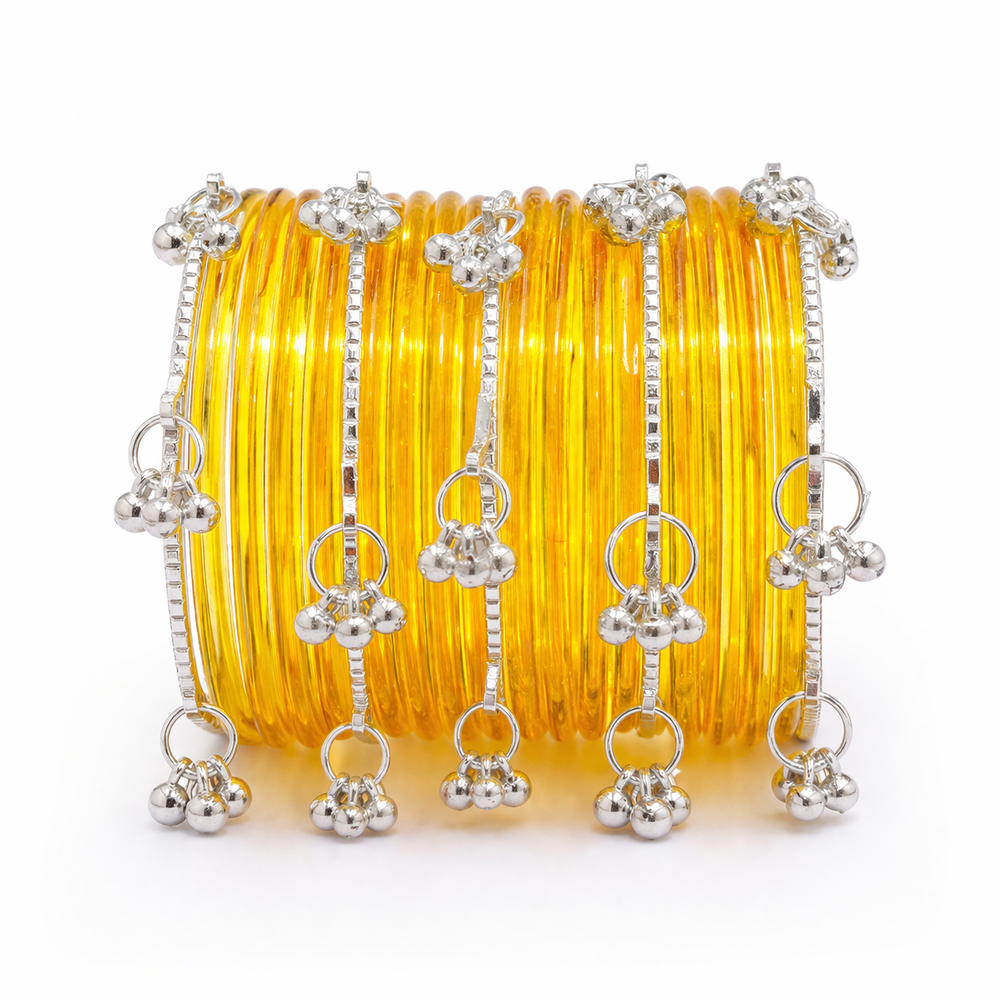 Stylish Golden Transparent Bangles with Silver Ghungroo Design – Trendy Kashmiri Chudi Set
