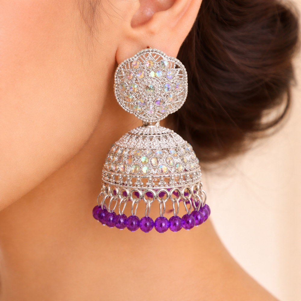 Luxury Anti-Tarnish Silver Jhumka with Purple Drop✨