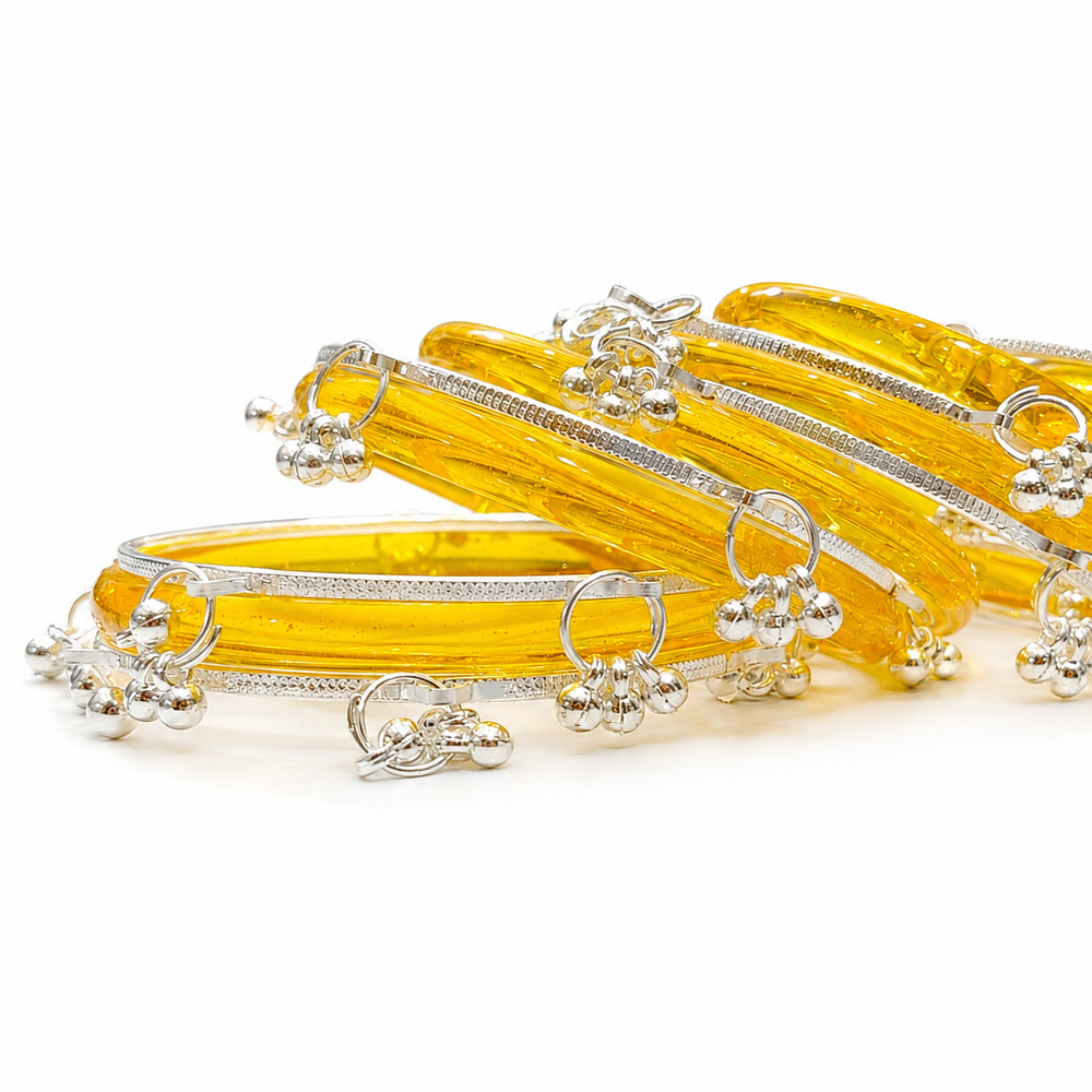 New Trending Yellow Jelly Bangles Set with Silver Ghungroo Set of 8 Pcs