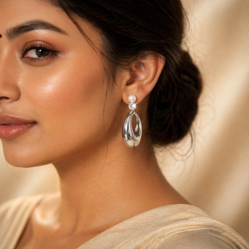 Anti-Tarnish Silver Hoop Earrings with Crystal & Pearl Studs