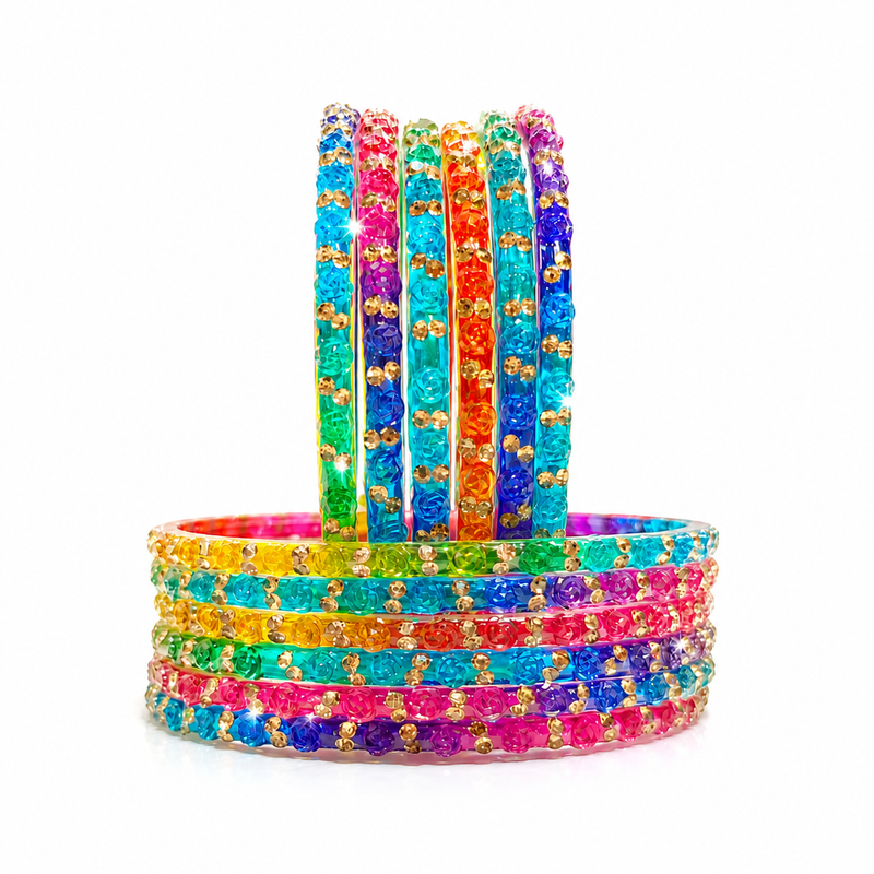 Anti-Tarnish Rose Design Multicolor Bangles Set of 12 Pcs