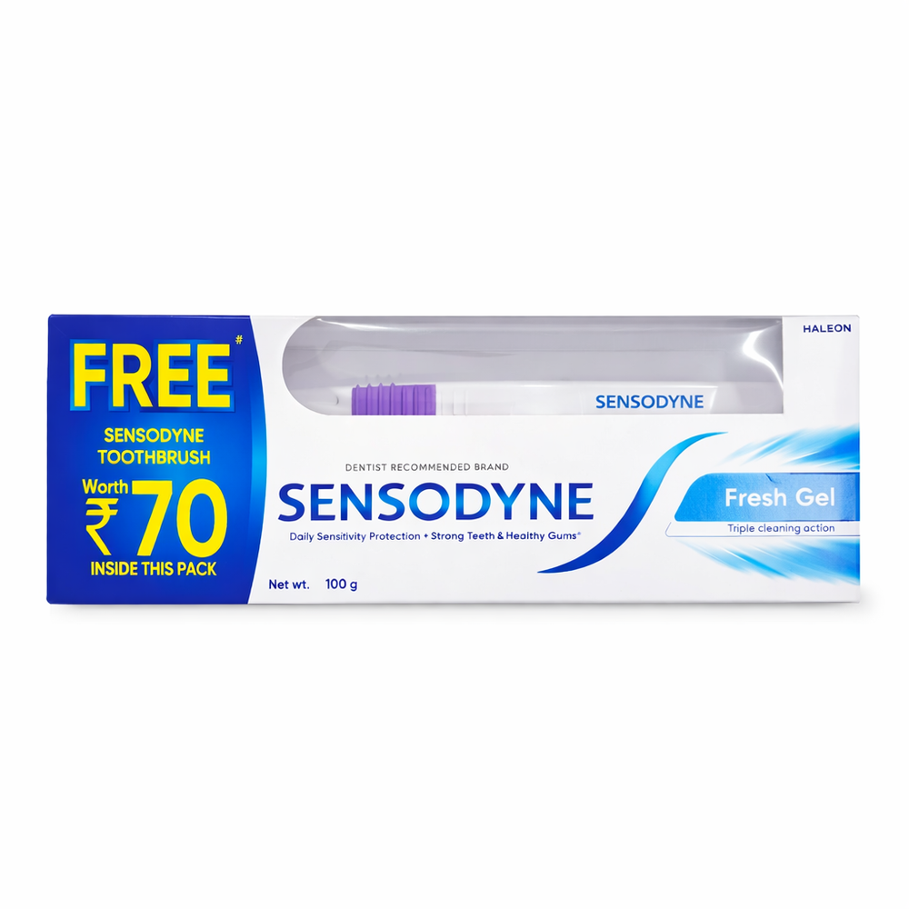 Sensodyne Toothpaste Fresh Gel | Daily Sensitivity Relief Tooth Paste Pack of 1 - 100gm | Dentist Recommended |Free Sansodyne toothbrush worth-70