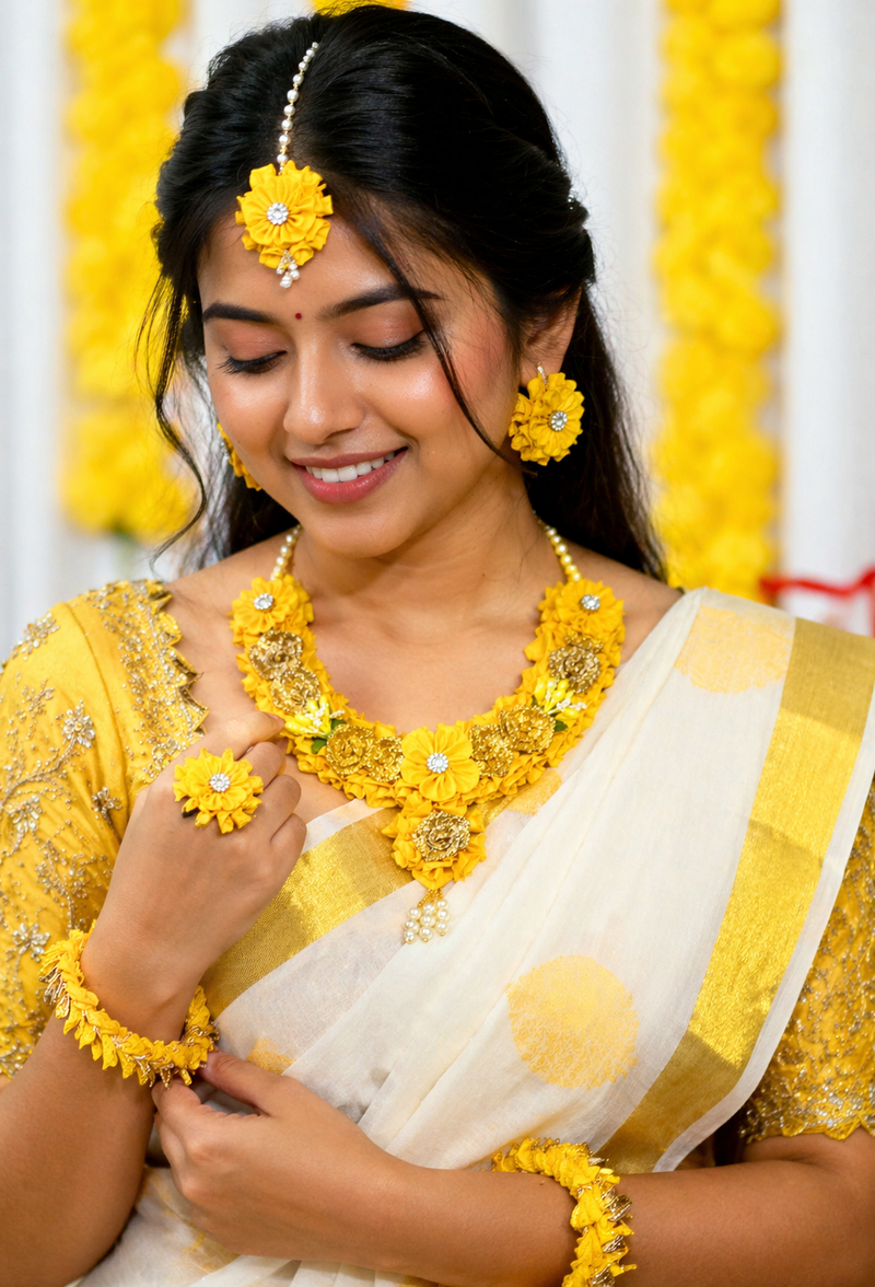 Haldi Special Flower Jewellery Set – Necklace, Earrings, Maang Tikka & Bangles Combo