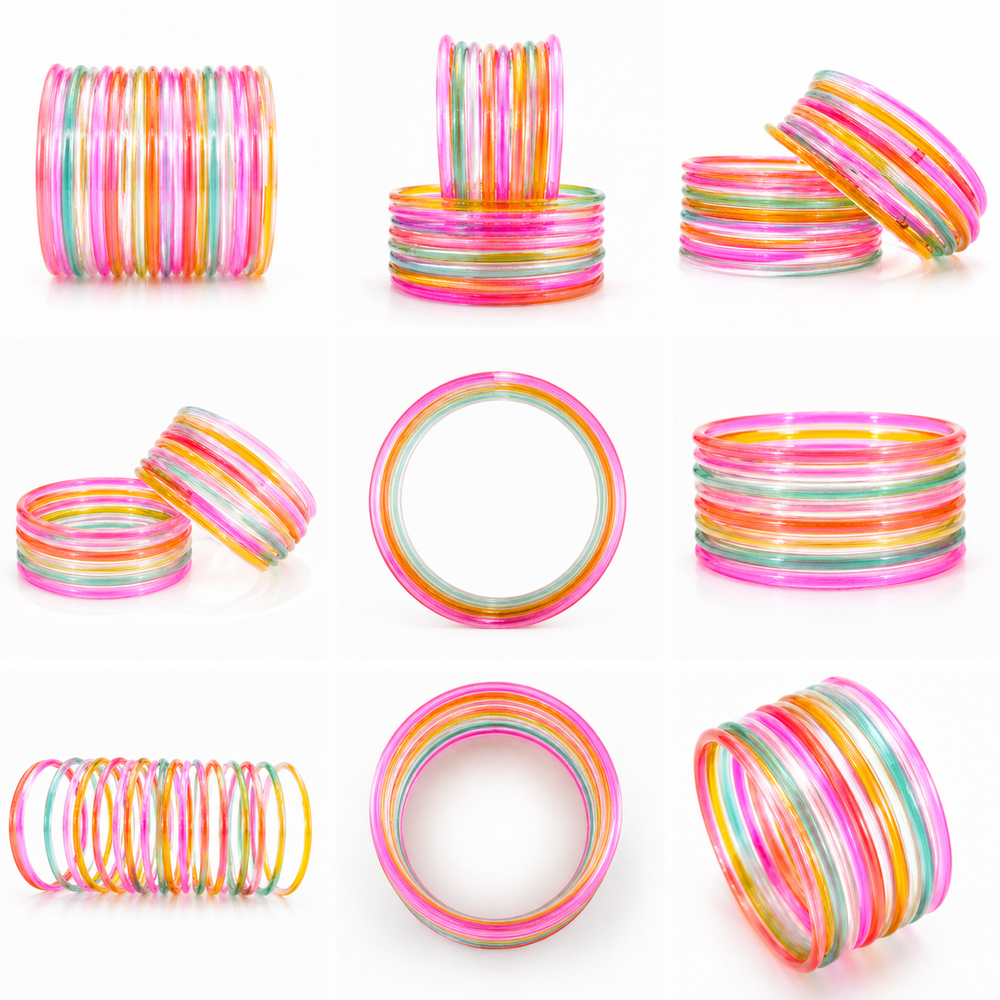 Multi-Color Jelly Bangles Set of 24 – Glossy Transparent Rainbow Stack