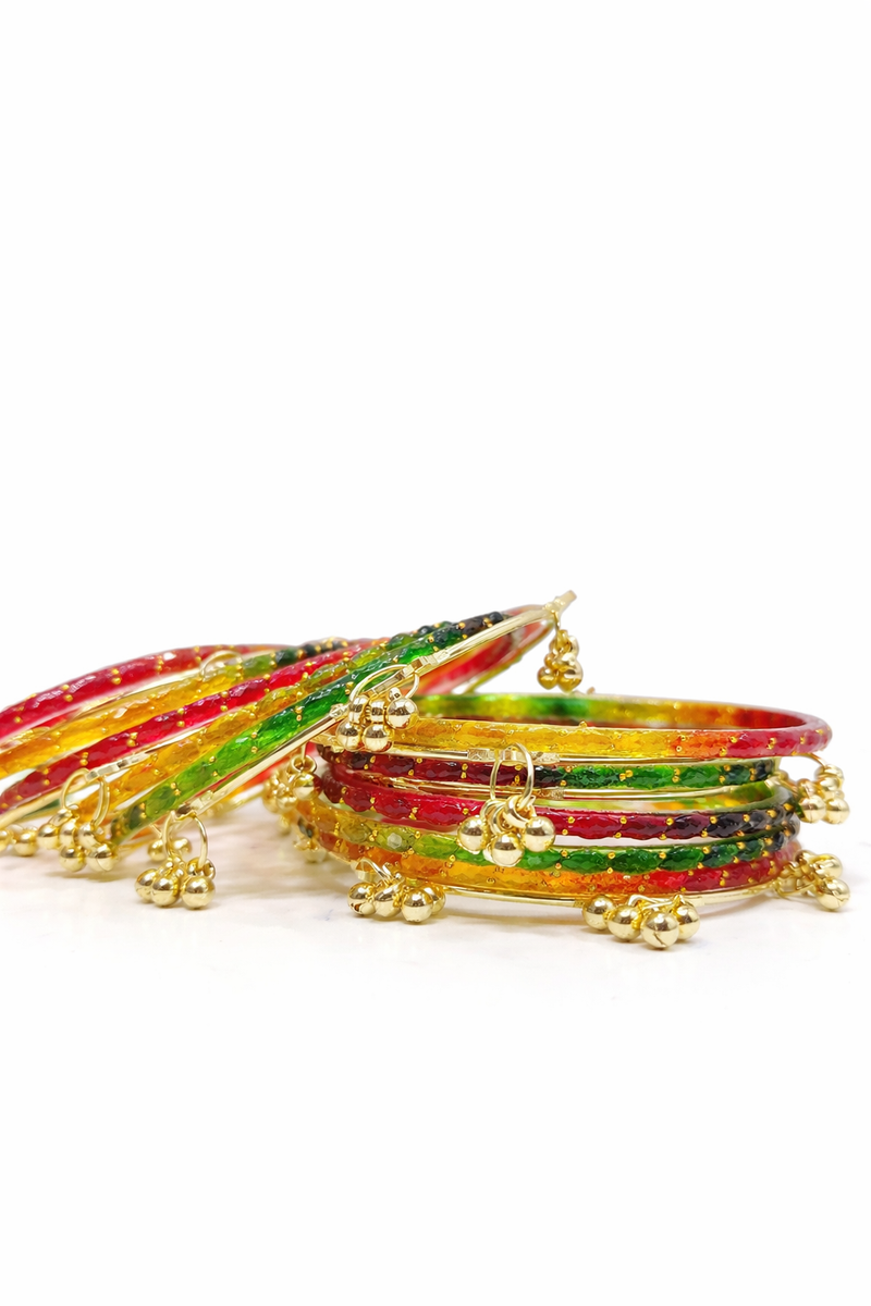 Kashmir Multi-Colour Traditional Bangles Set with Golden Ghungroo Charms for girls & women