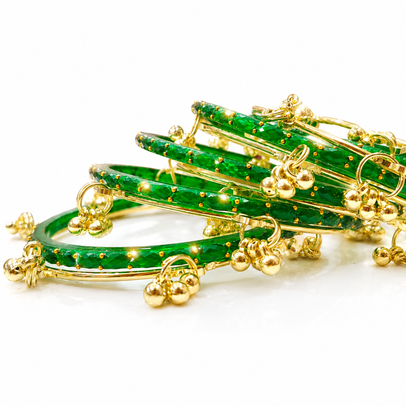 Green Raindrops Glass Bangles with Kashmiri Golden Bangles| Pack of 20 Pcs